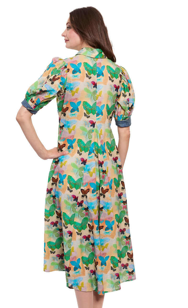 Montauk Dress Linen Cotton Neutral Butterfly Print