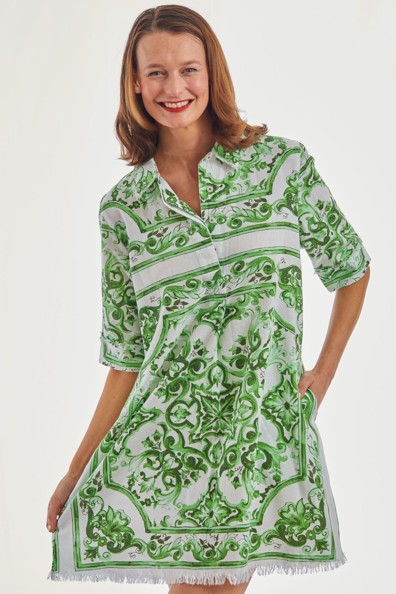 Chatham Dress Green White Tile Print