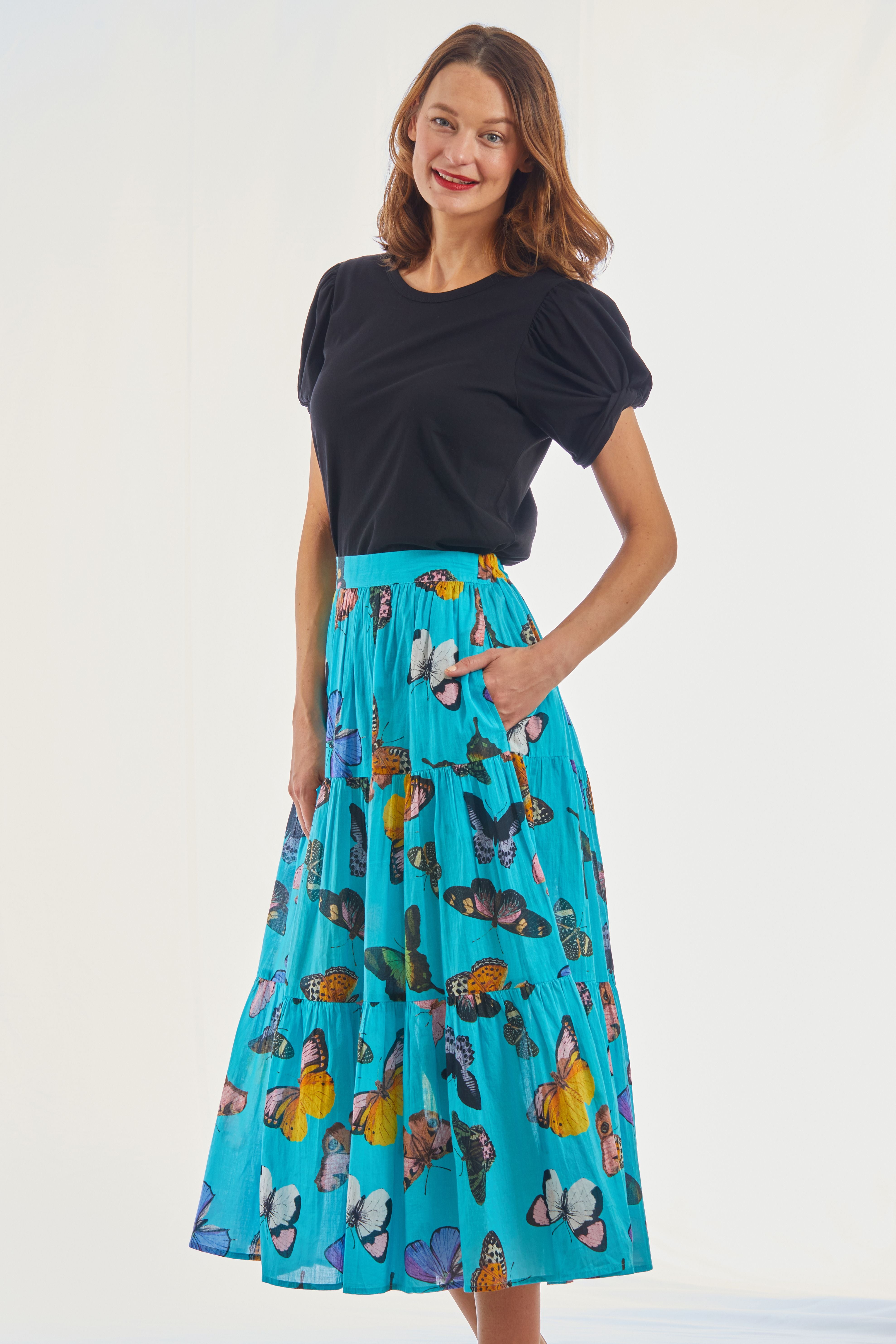 Woodstock Turquoise Butterfly Pull On Flounce Skirt – Dizzy-Lizzie