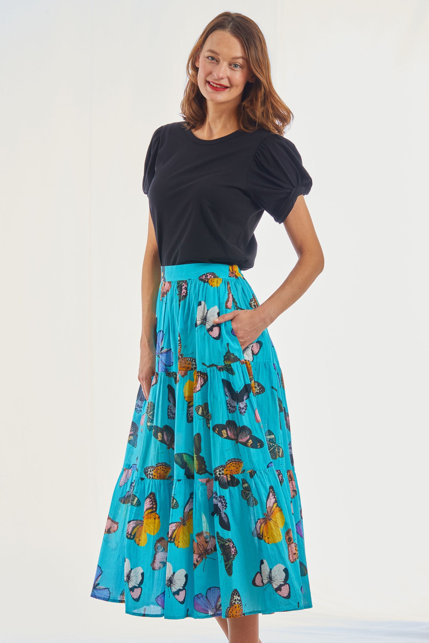 Woodstock Turquoise Butterfly Pull On Flounce Skirt