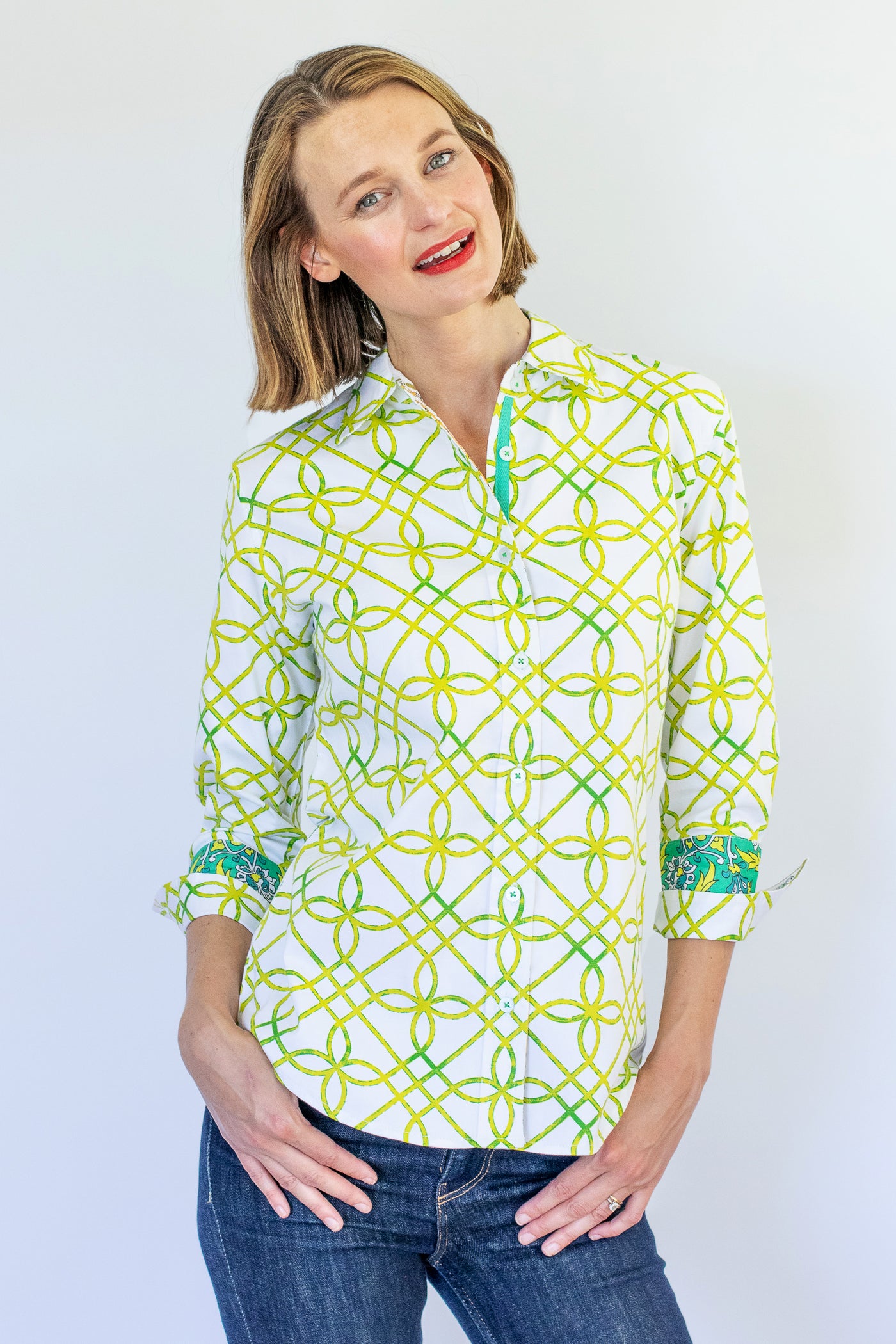 Rome Shirt with 3/4 Sleeve Green and White Geo