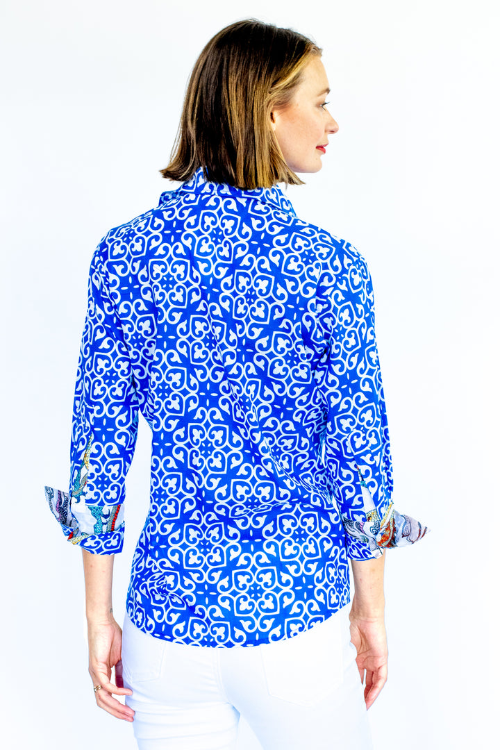 Rome Shirt with 3/4 Sleeves Cobalt Blue & White Geometric Print