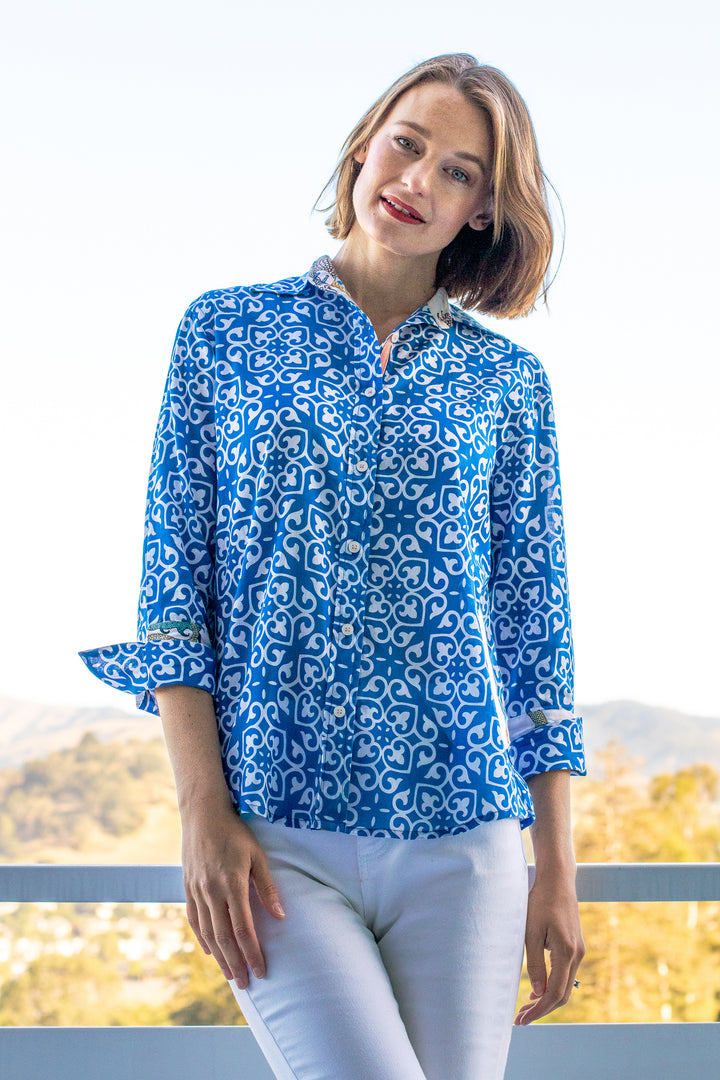 Rome Shirt with 3/4 Sleeves Cobalt Blue & White Geometric Print