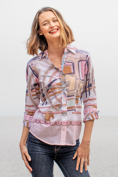 Rome Shirt with 3/4 Sleeve Pink Wagon Wheel