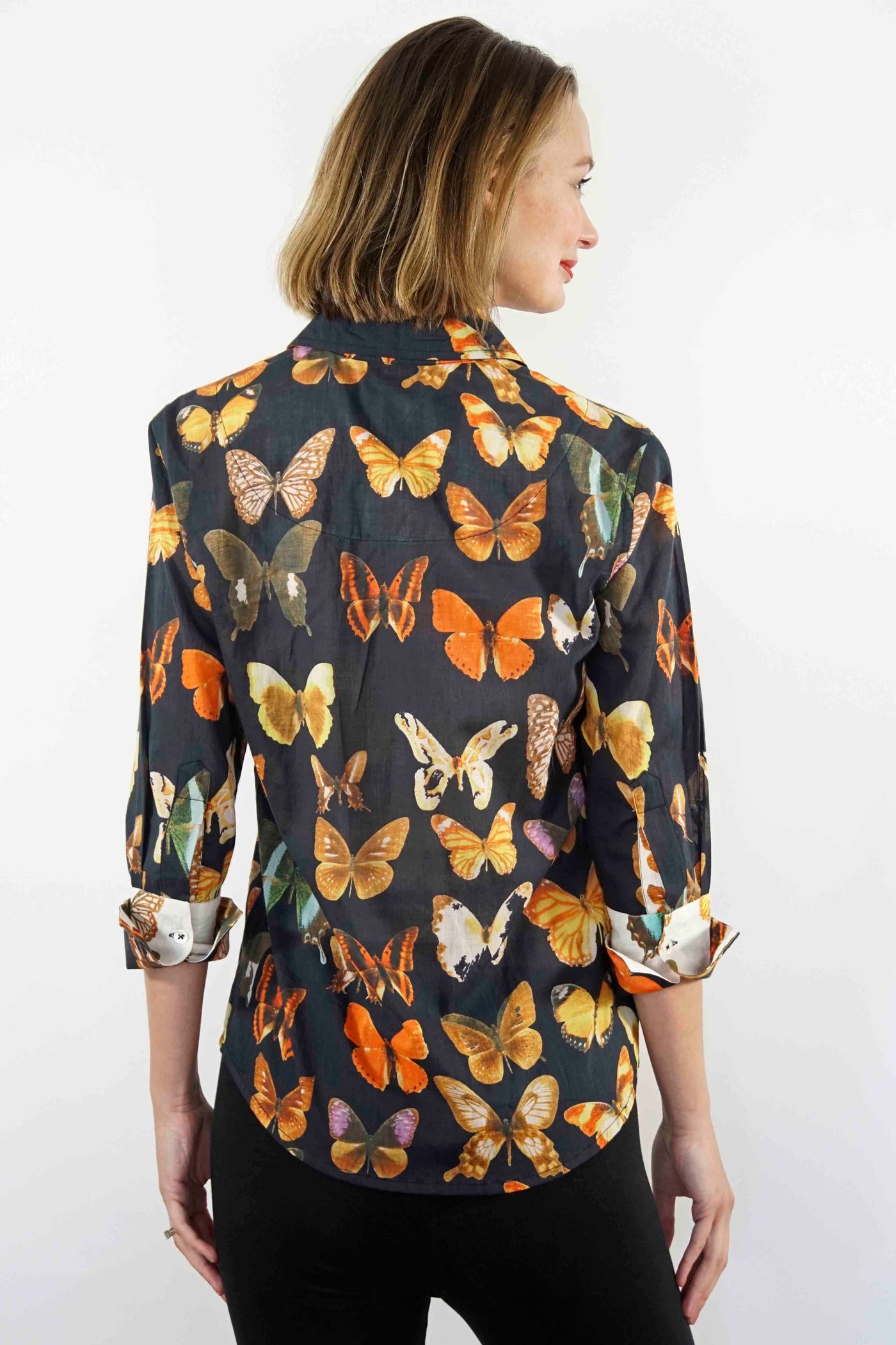 3/4 Sleeve Top Butterflies Black Ground XS