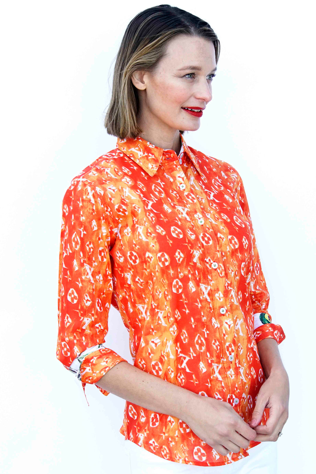 3/4 Sleeve Orange And White " Not Really Louis" Print XS