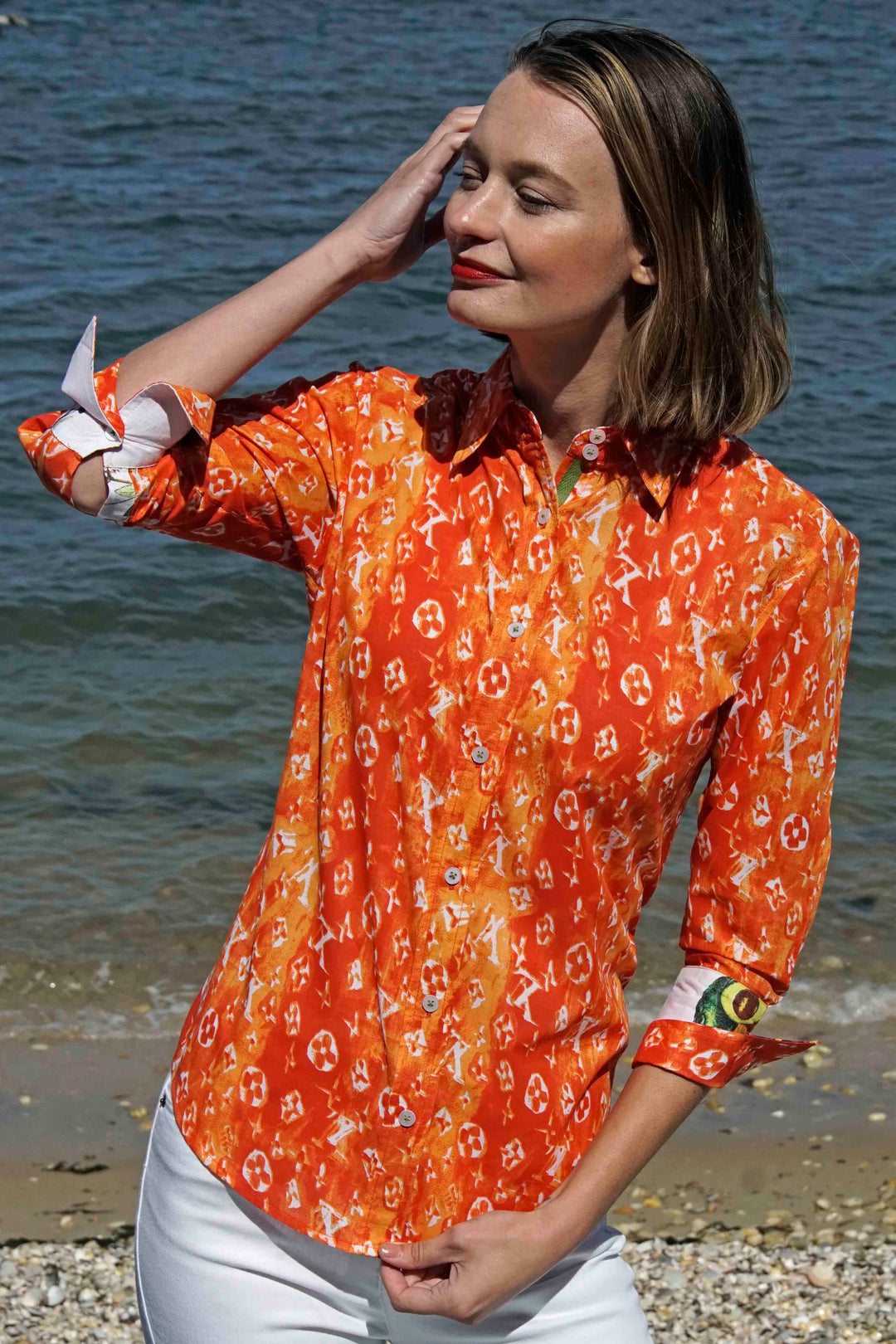 3/4 Sleeve Orange And White " Not Really Louis" Print XS