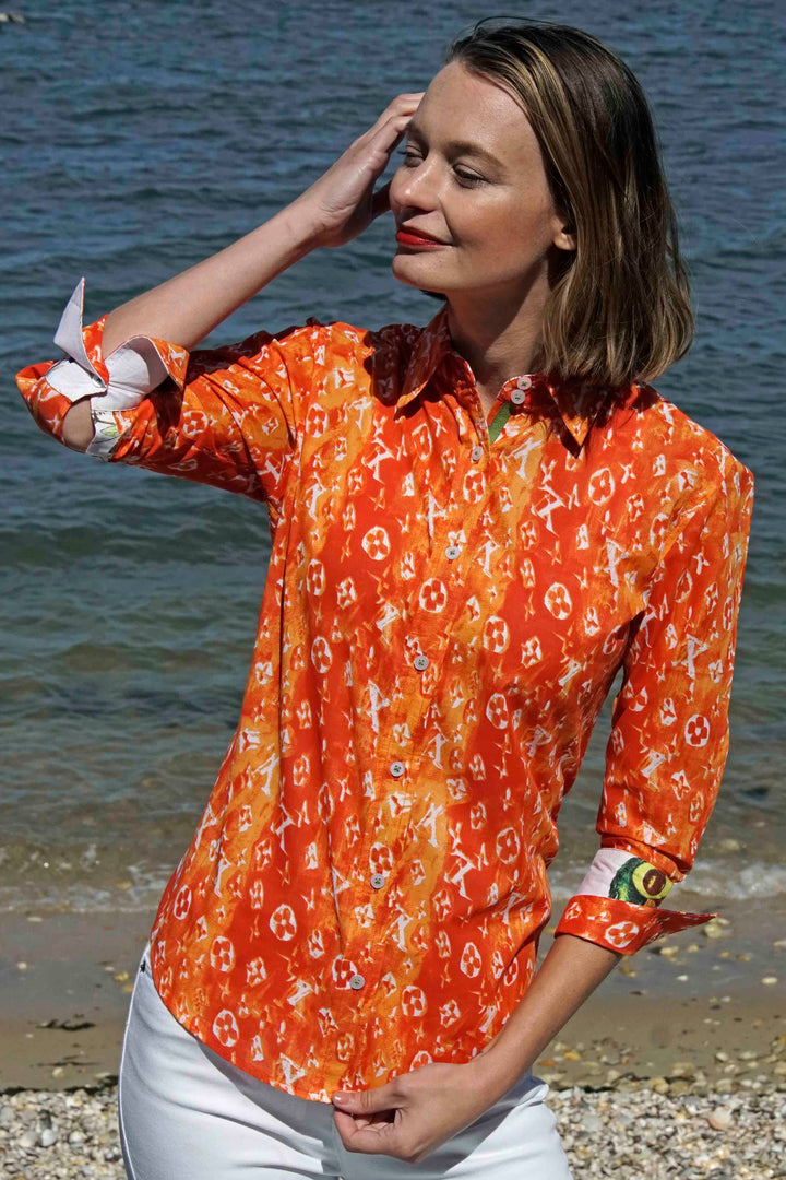 3/4 Sleeve Orange And White " Not Really Louis" Print XS