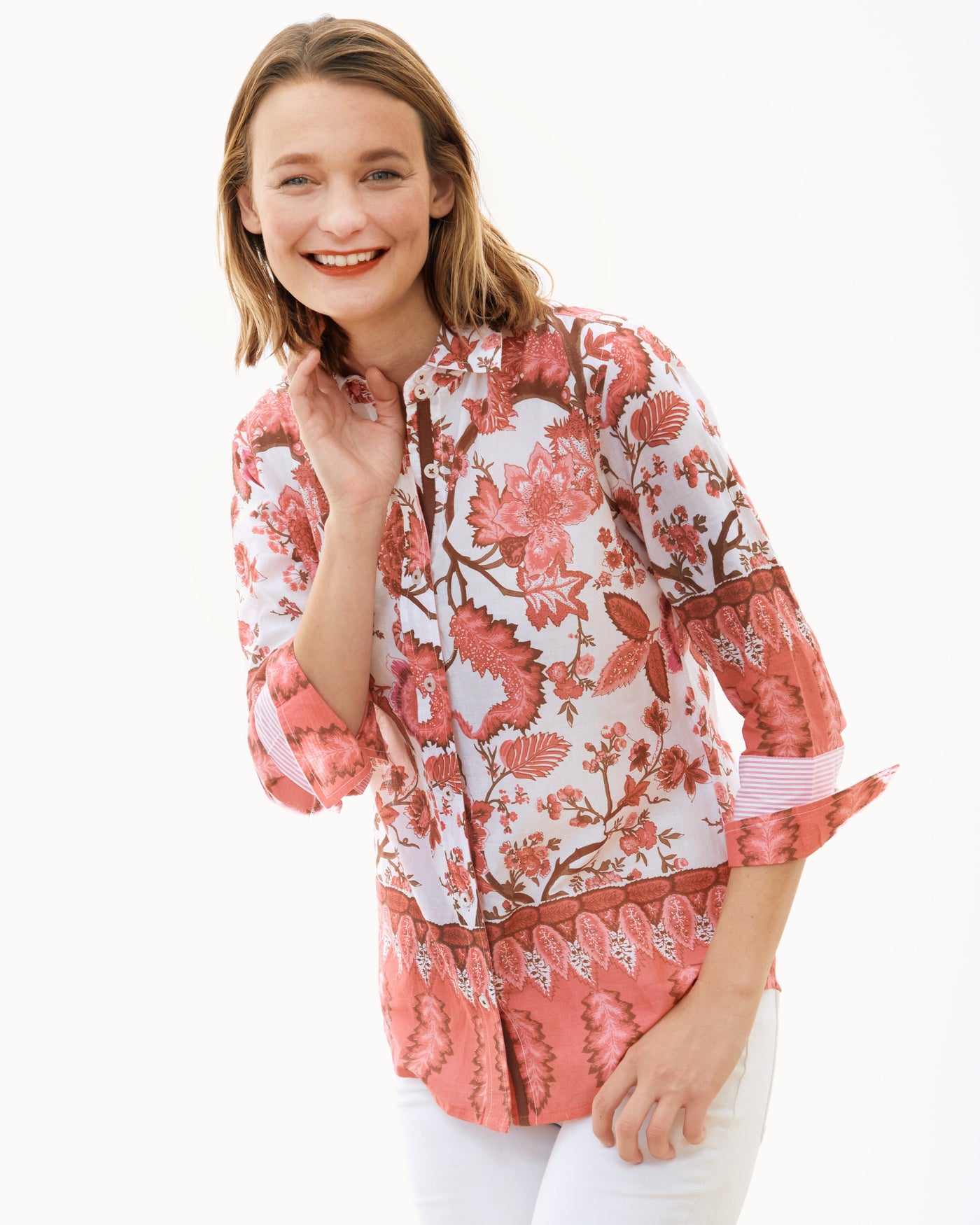 Rome Shirt 3/4 Sleeve, Pink Border Print XS / 4023-S467