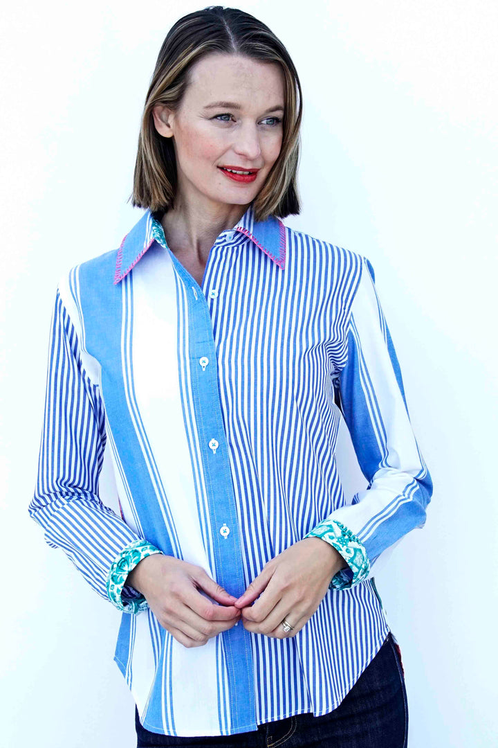 Madison Top Stripes And Flowers W Whipstitch At Collar