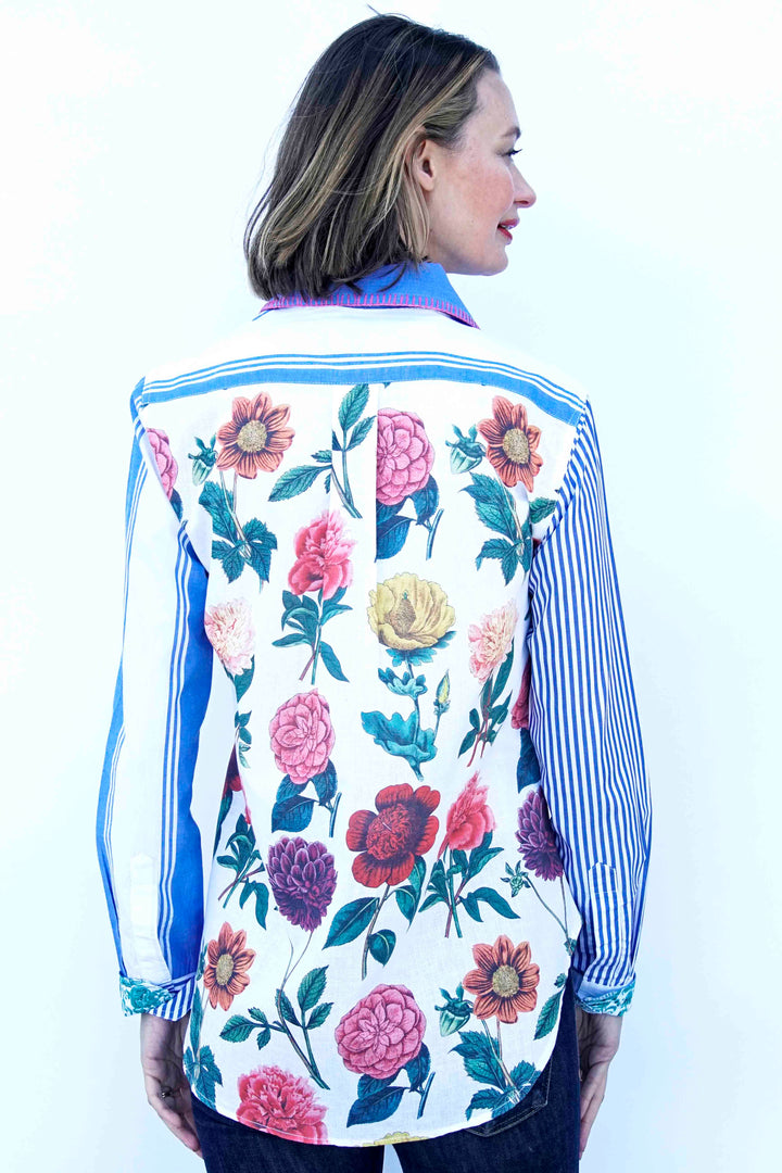 Madison Top Stripes And Flowers W Whipstitch At Collar
