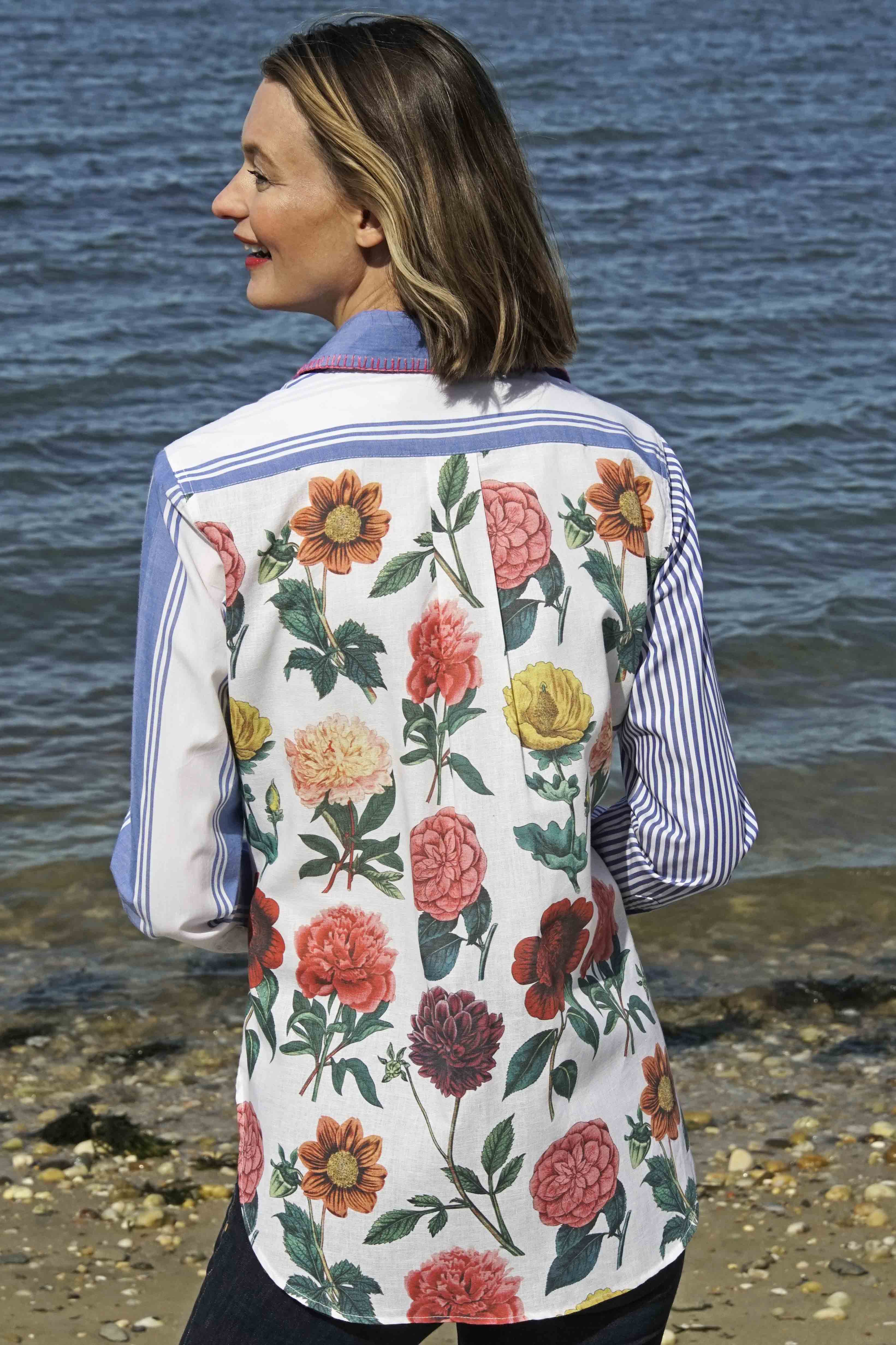 Madison Top Stripes And Flowers W Whipstitch At Collar – Dizzy-Lizzie