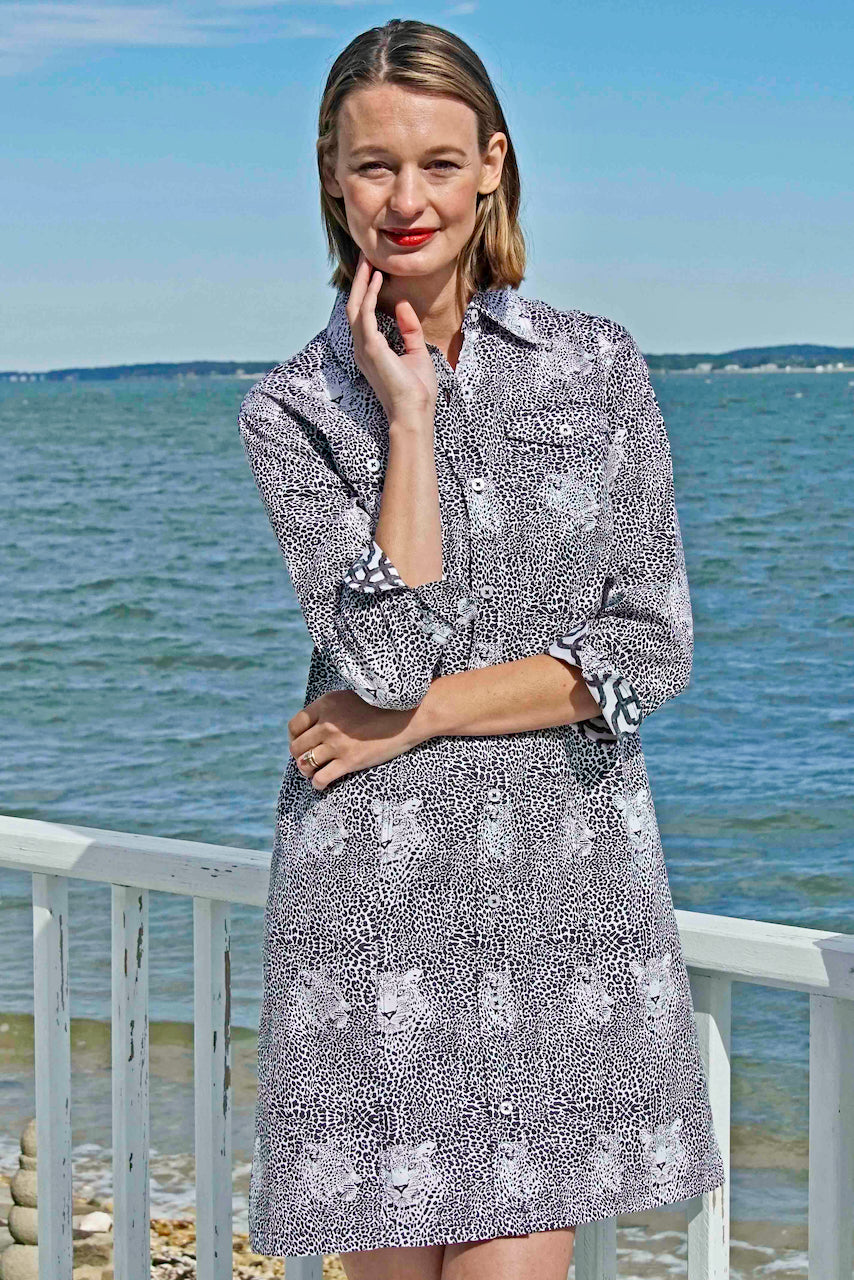 Sag Harbor Dress in Black and White Dot Print with Hidden Cheetah Face