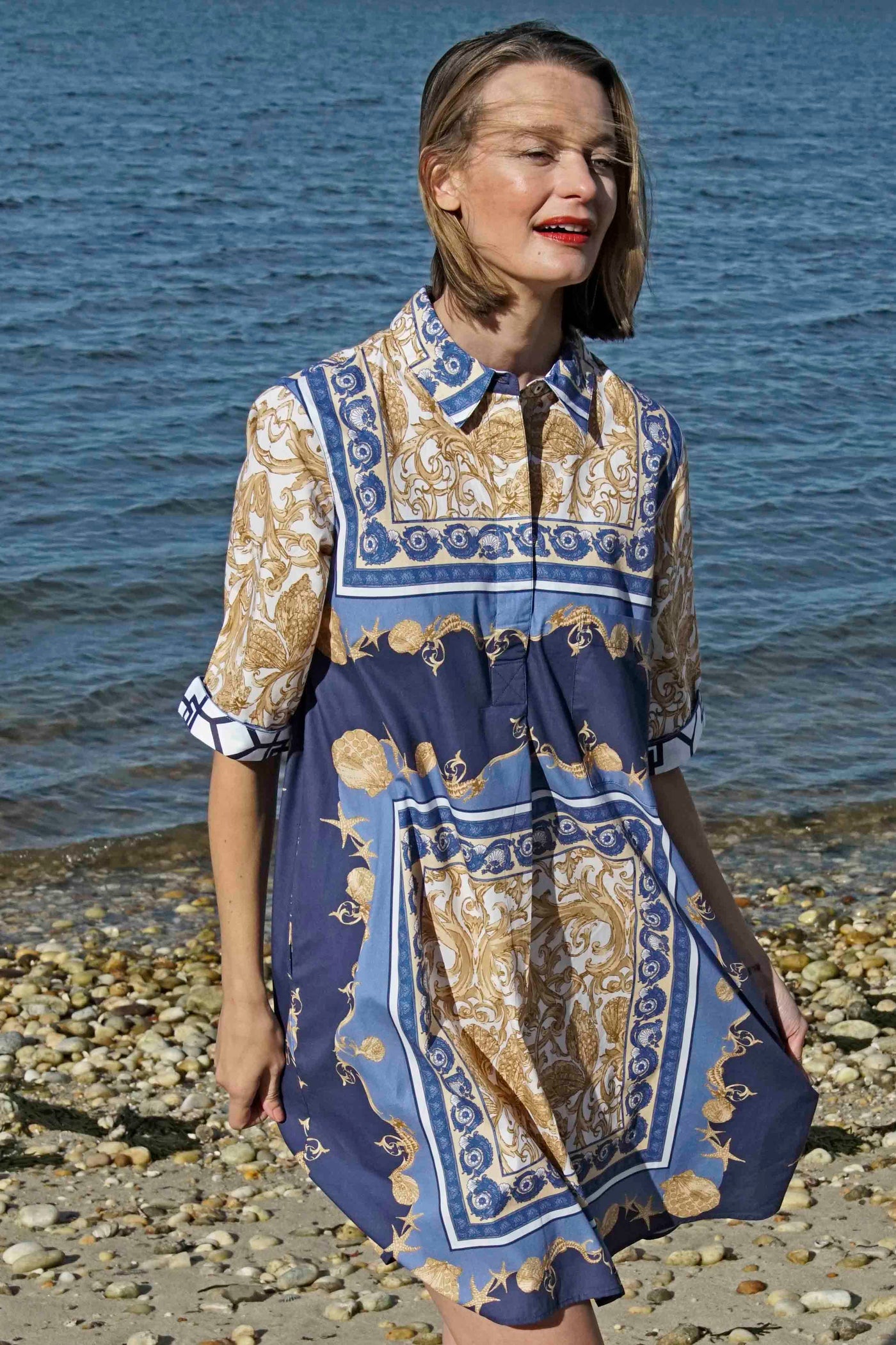 Monterey Dress Blue White And Gold Filigree Print