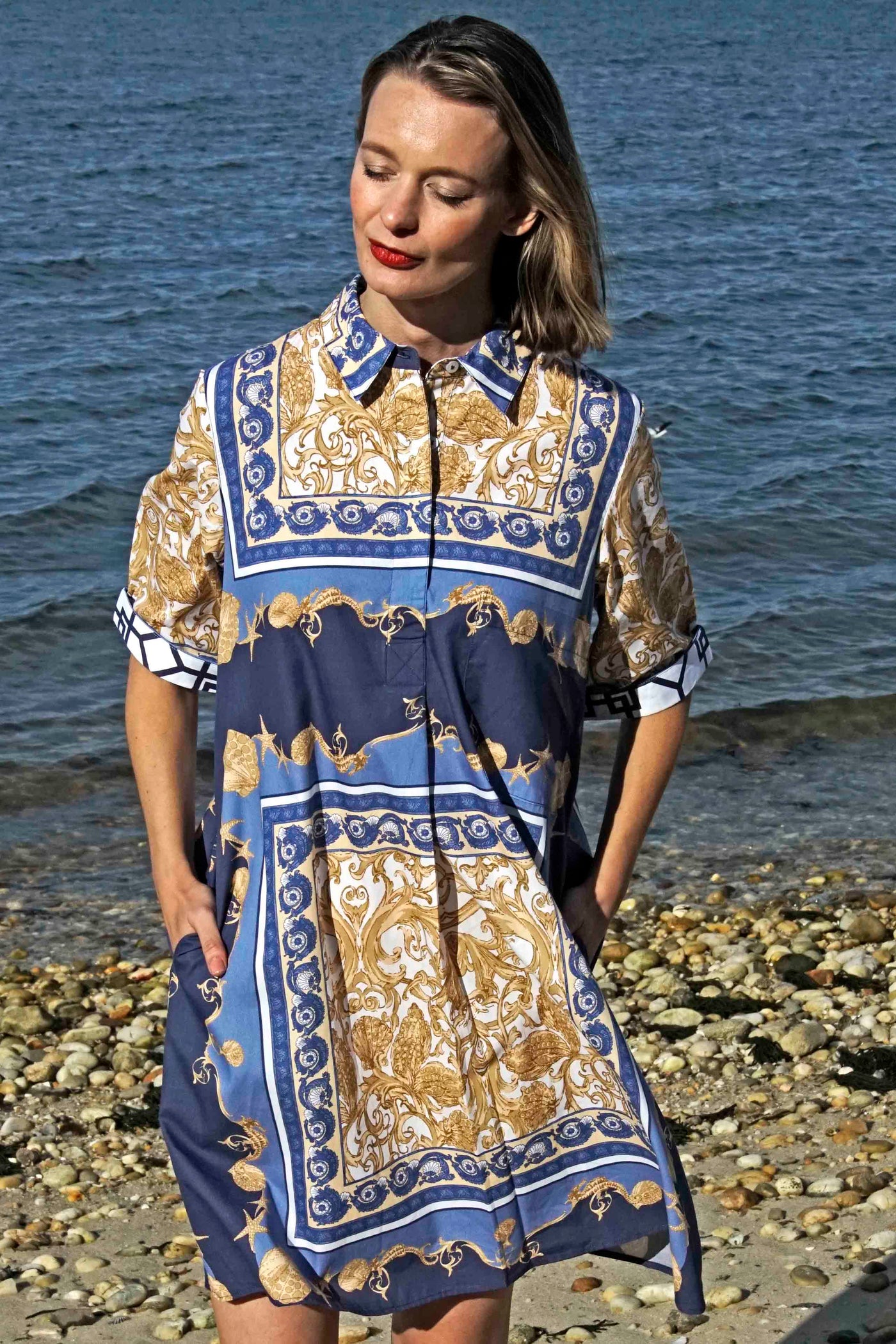 Monterey Dress Blue White And Gold Filigree Print