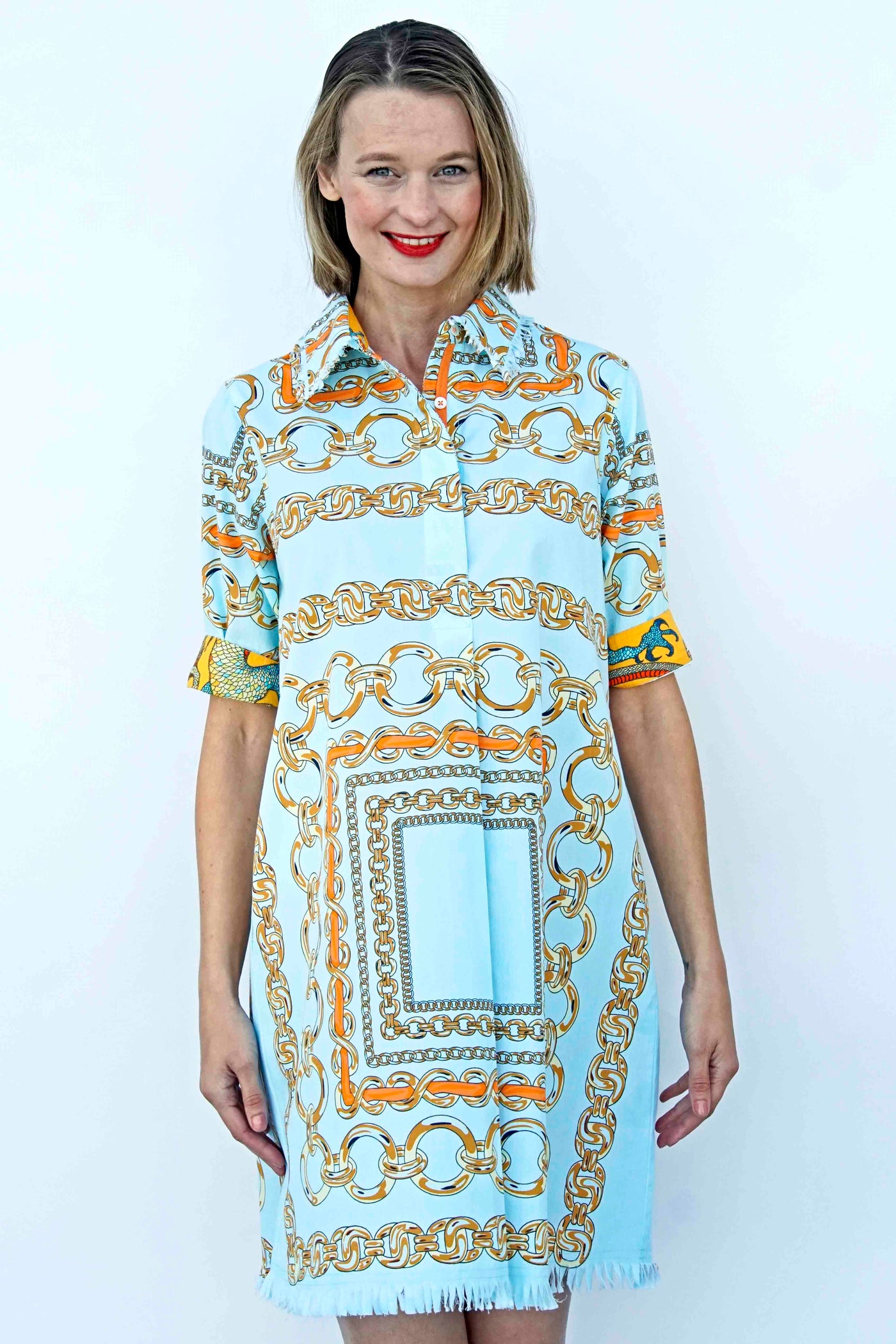 Chatham Dress Aqua Ground With Orange Links XS