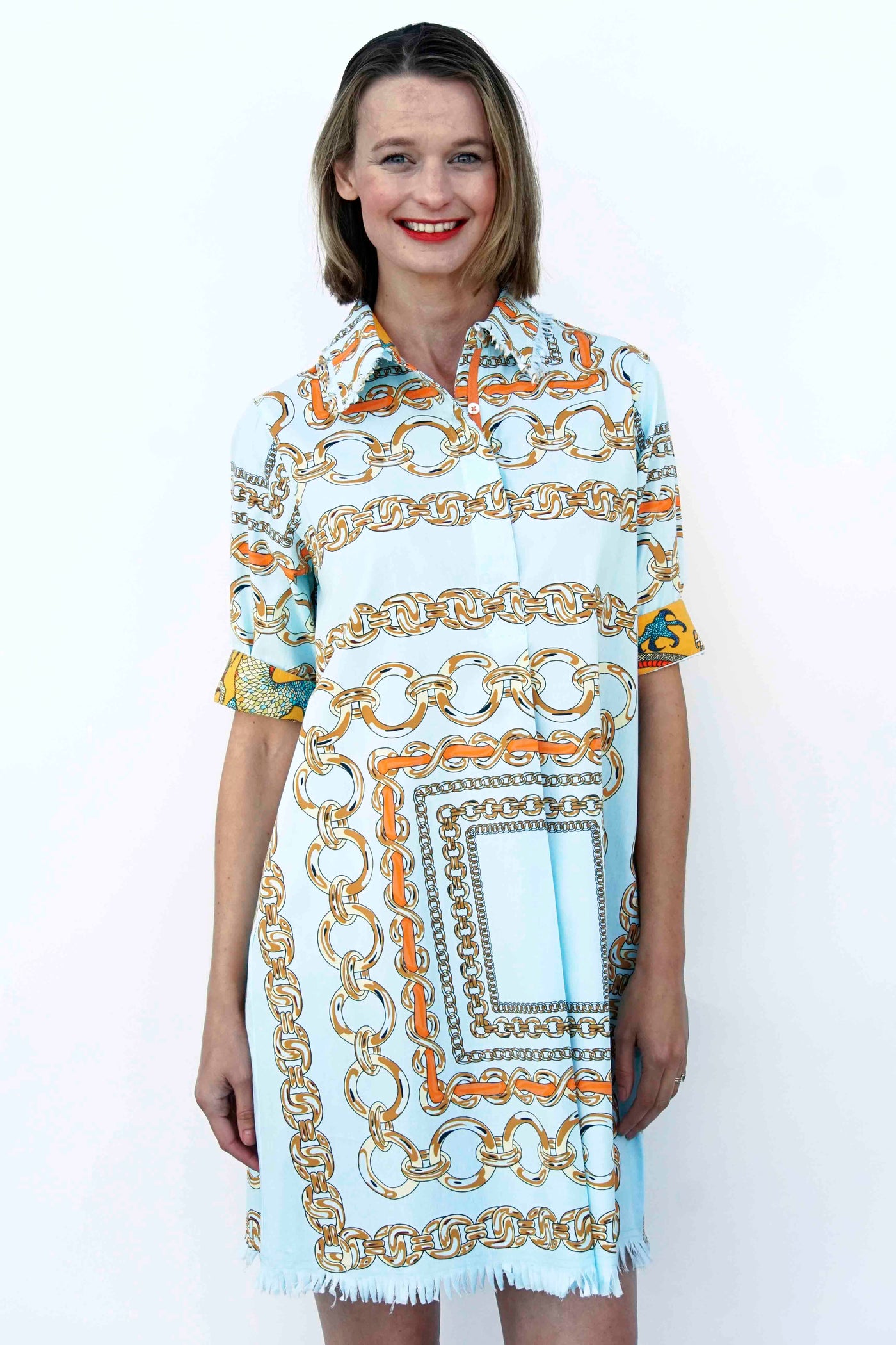 Chatham Dress Aqua Ground With Orange Links XS