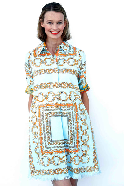Chatham Dress Aqua Ground With Orange Links XS