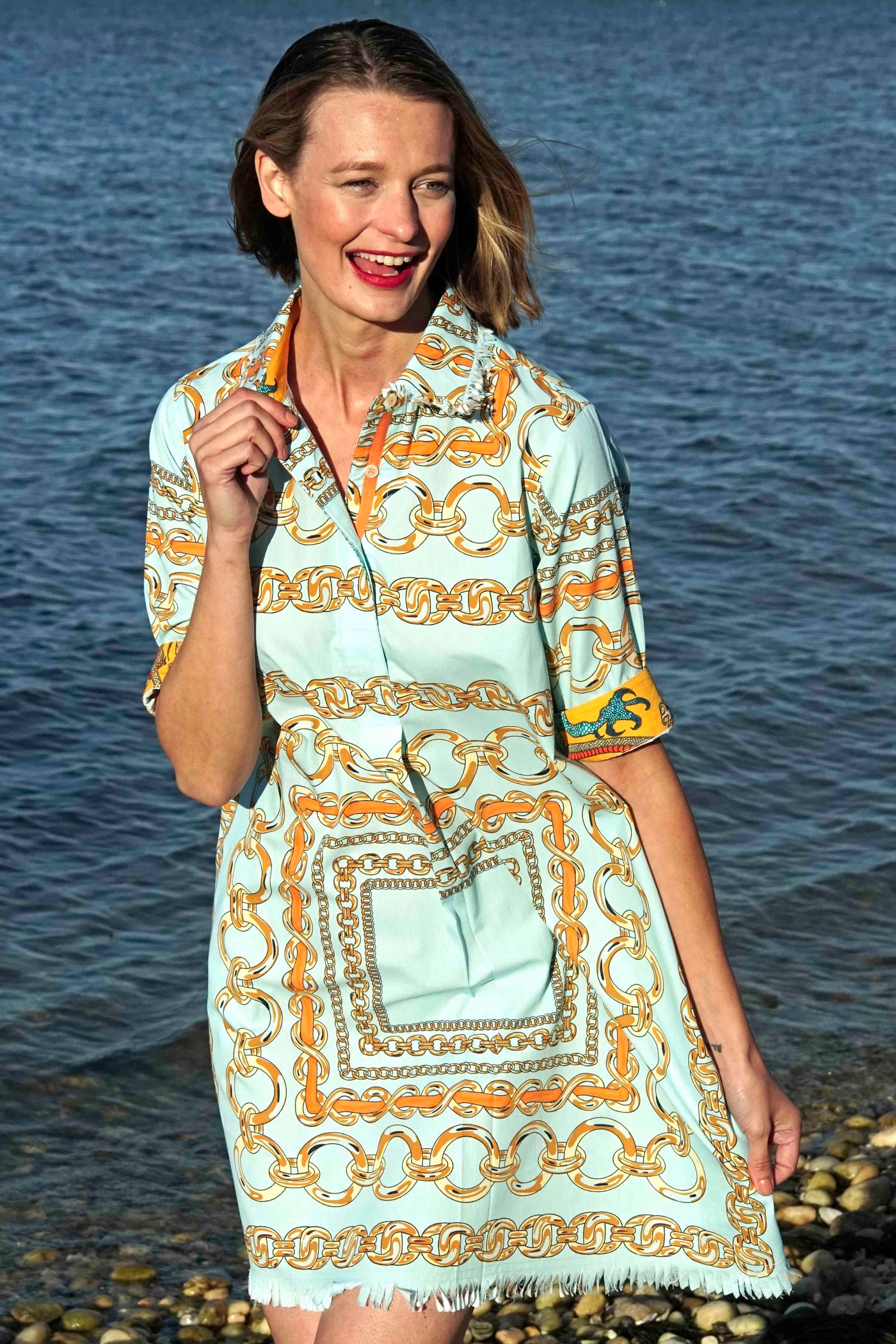 Chatham Dress Aqua Ground With Orange Links XS