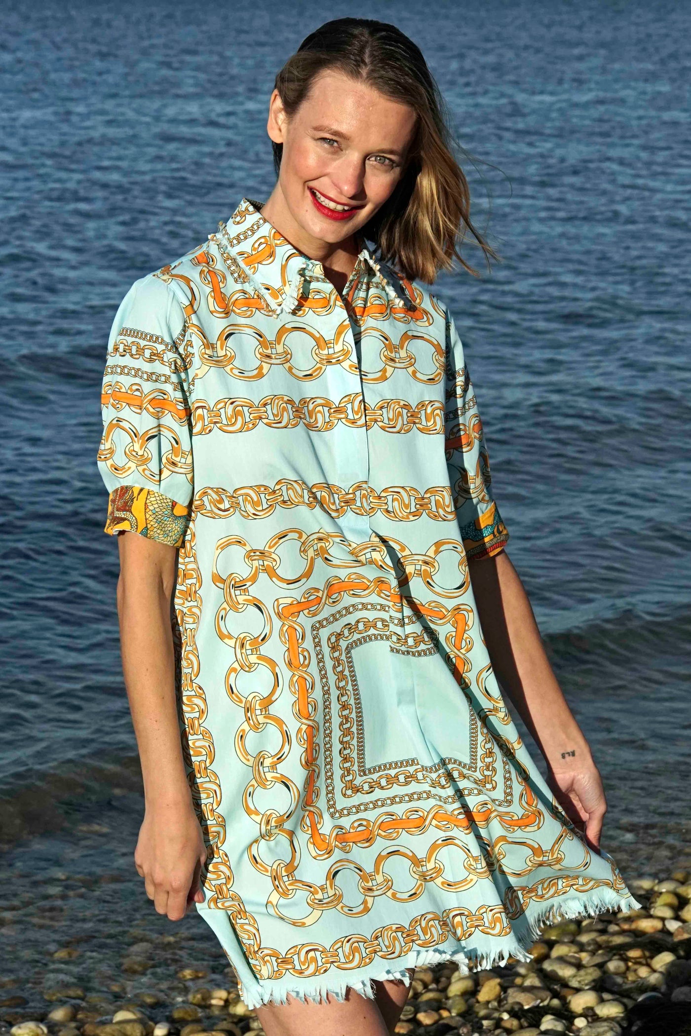 Chatham Dress Aqua Ground With Orange Links XS