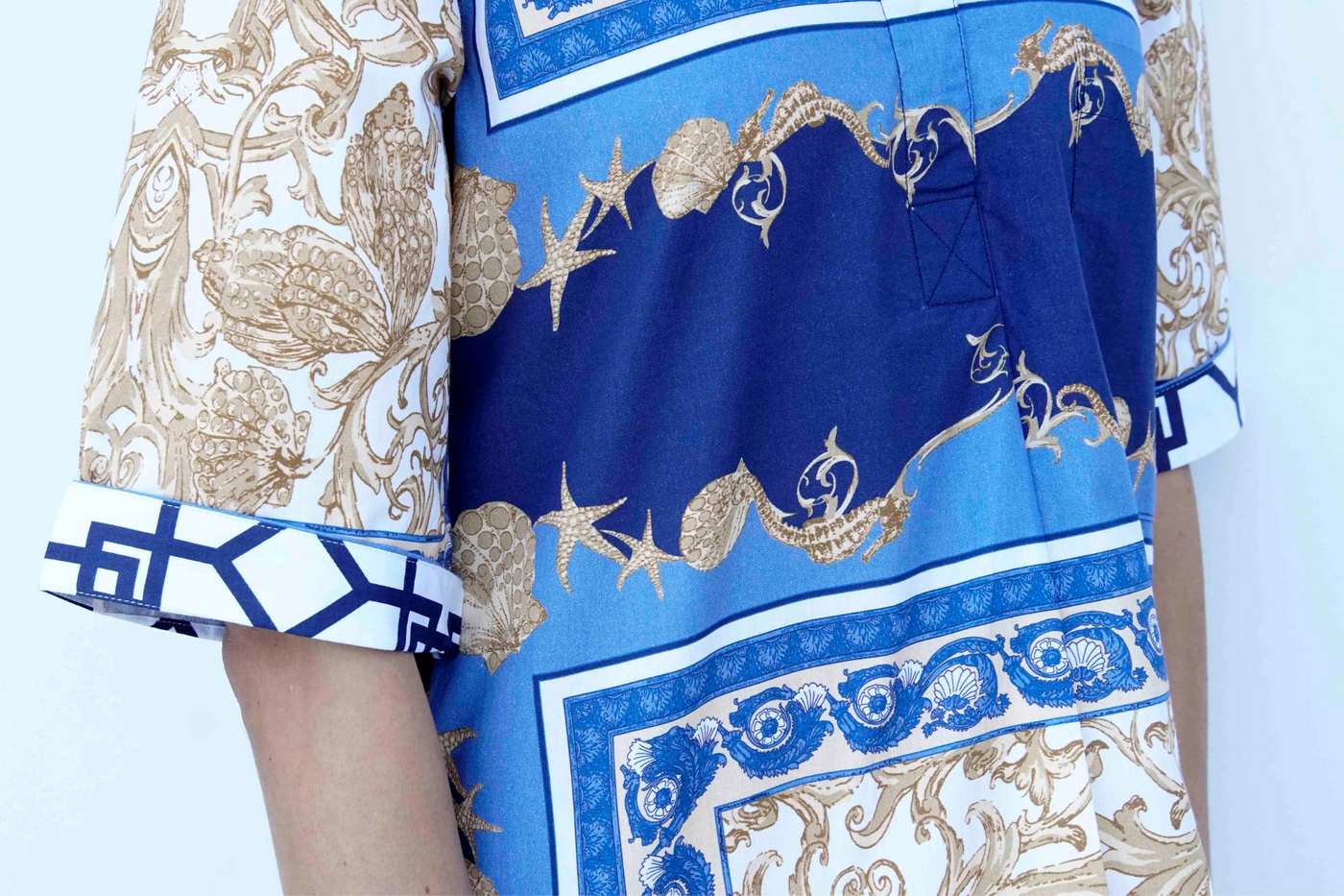 Monterey Dress Blue White And Gold Filigree Print