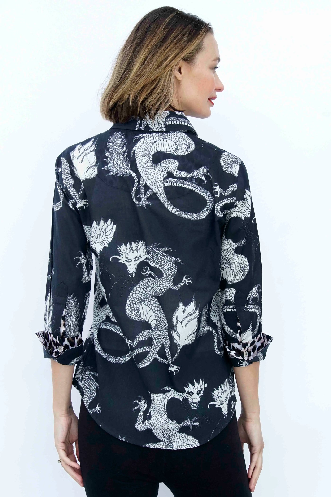 3/4 Sleeve Rome Shirt Black and White Dragons On Voile