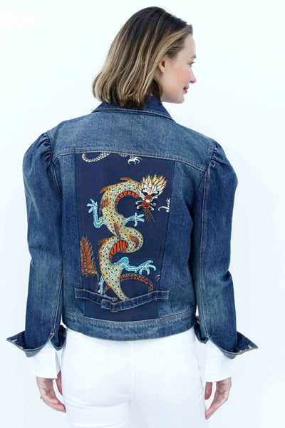 Brooklyn Jacket, Denim With Beaded Dragon On Back